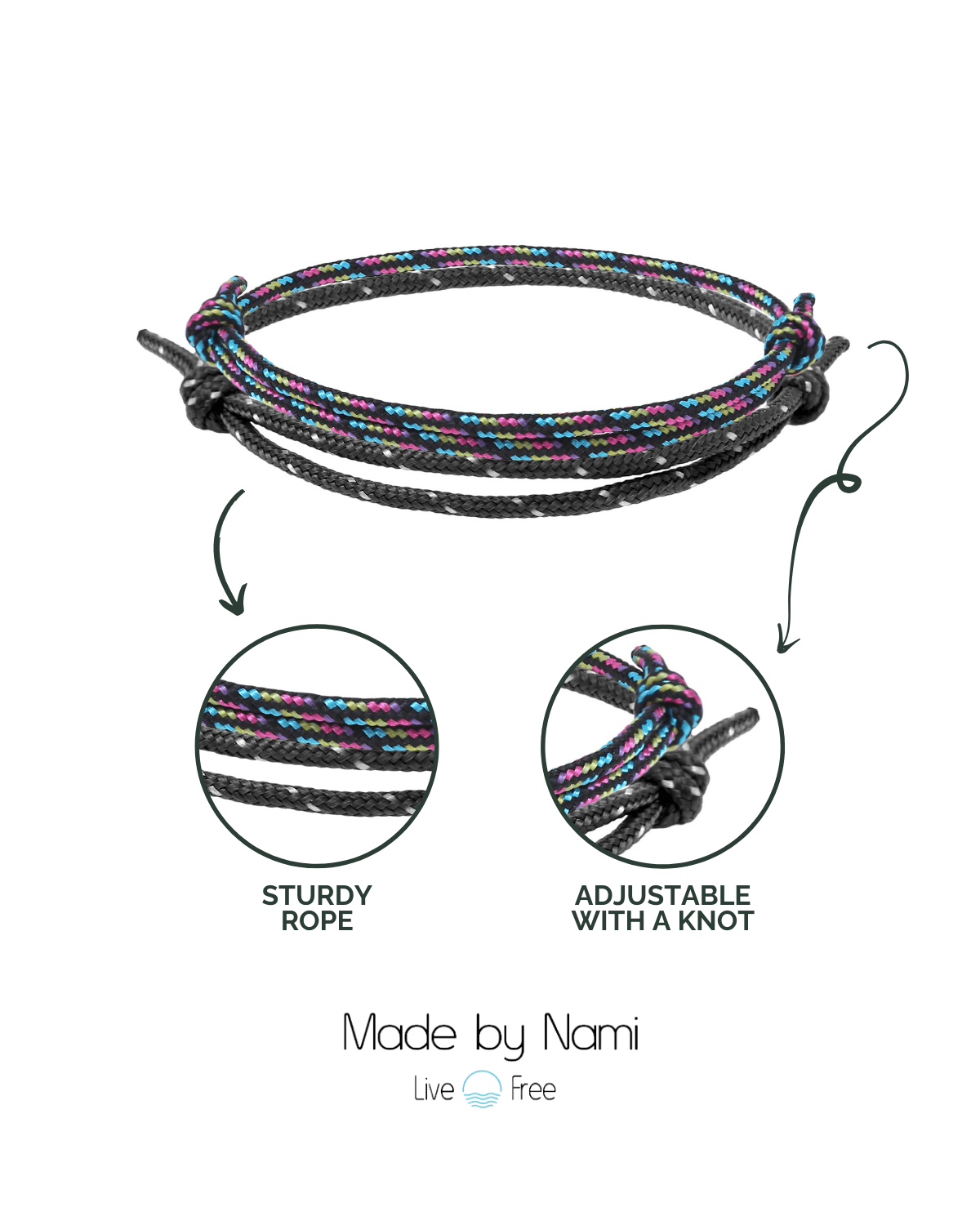 Surfer Armband 2er Set Schwarz & Multicolor – Wasserfest & Handgefertigt