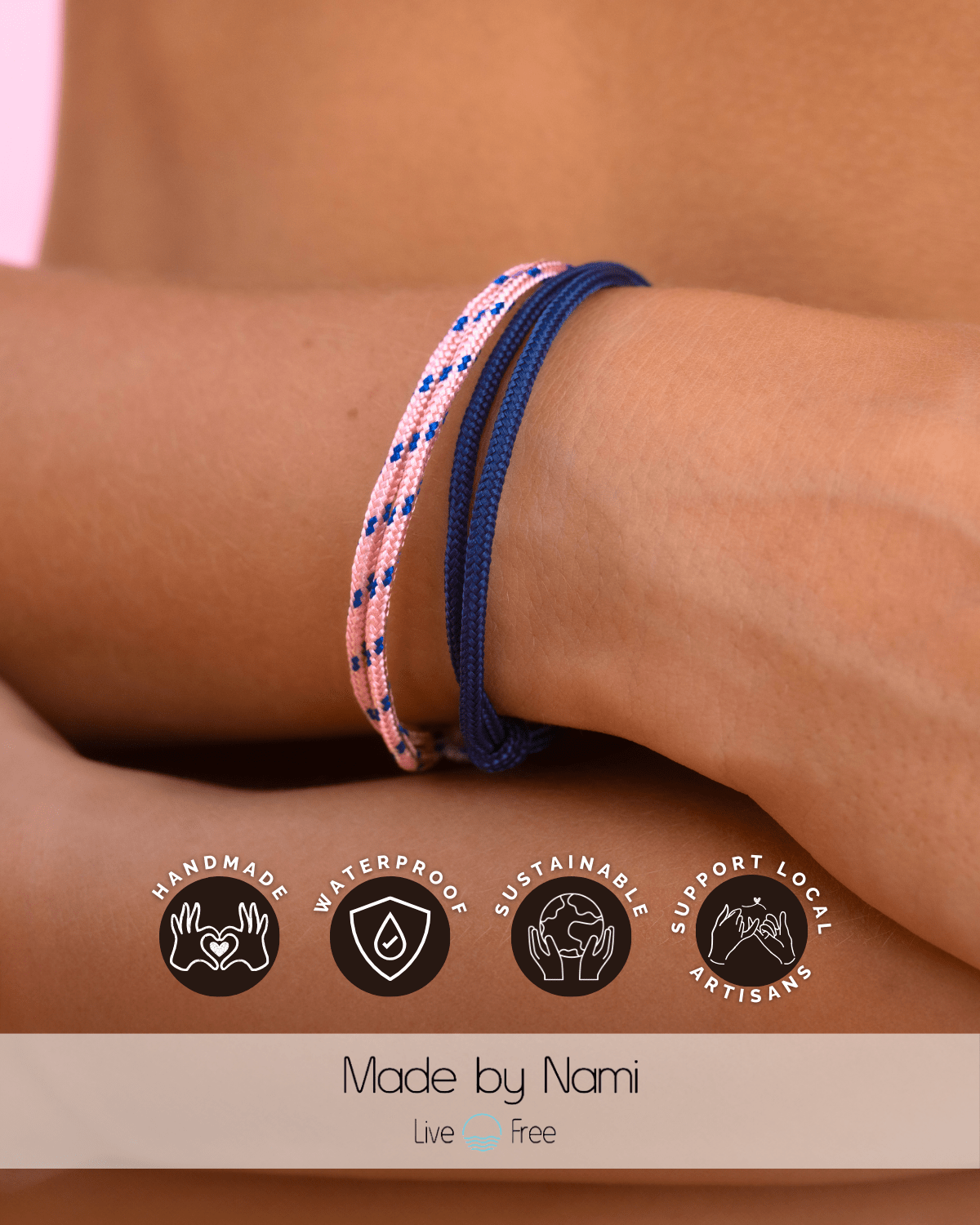Surfer Armband Set (2er) Navy & Rosa - Wasserdicht & Verstellbar