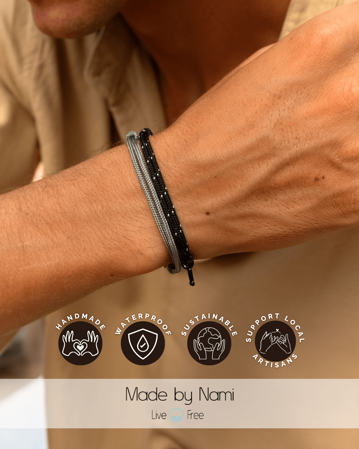 Surfer Armband 2er Set Schwarz & Grau – Wasserfest & Handgefertigt