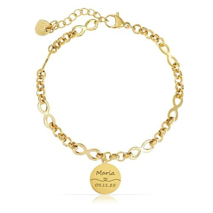 Kabelkettenarmband im Infinity-Design mit personalisiertem Gravuranhänger & Blumensymbolen – Gold 01