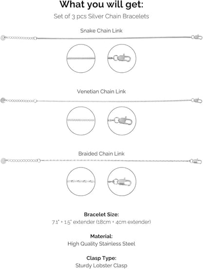 Herren Armband Set Edelstahl Silber – 3er Kettenarmband Set