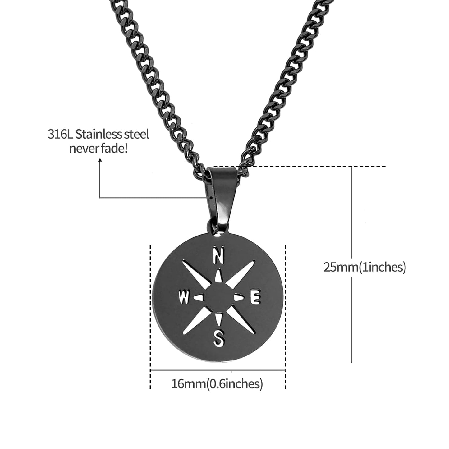 Herren Halskette Kompass Anhänger – Edelstahl Schwarz 60 cm