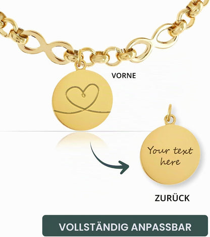 Kabelkettenarmband im Infinity-Design mit personalisiertem Gravuranhänger & Blumensymbolen – Gold 01