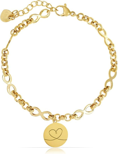 Kabelkettenarmband im Infinity-Design mit personalisiertem Gravuranhänger & Blumensymbolen – Gold 01