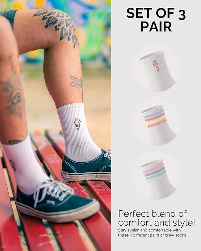 3 Paar Weiße Crew Socks mit Motiv