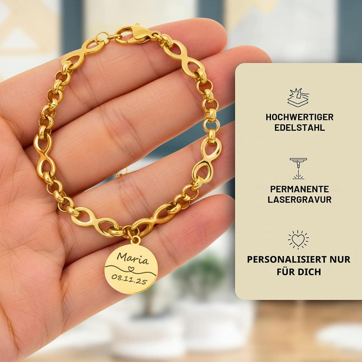 Kabelkettenarmband im Infinity-Design mit personalisiertem Gravuranhänger & Blumensymbolen – Gold 01