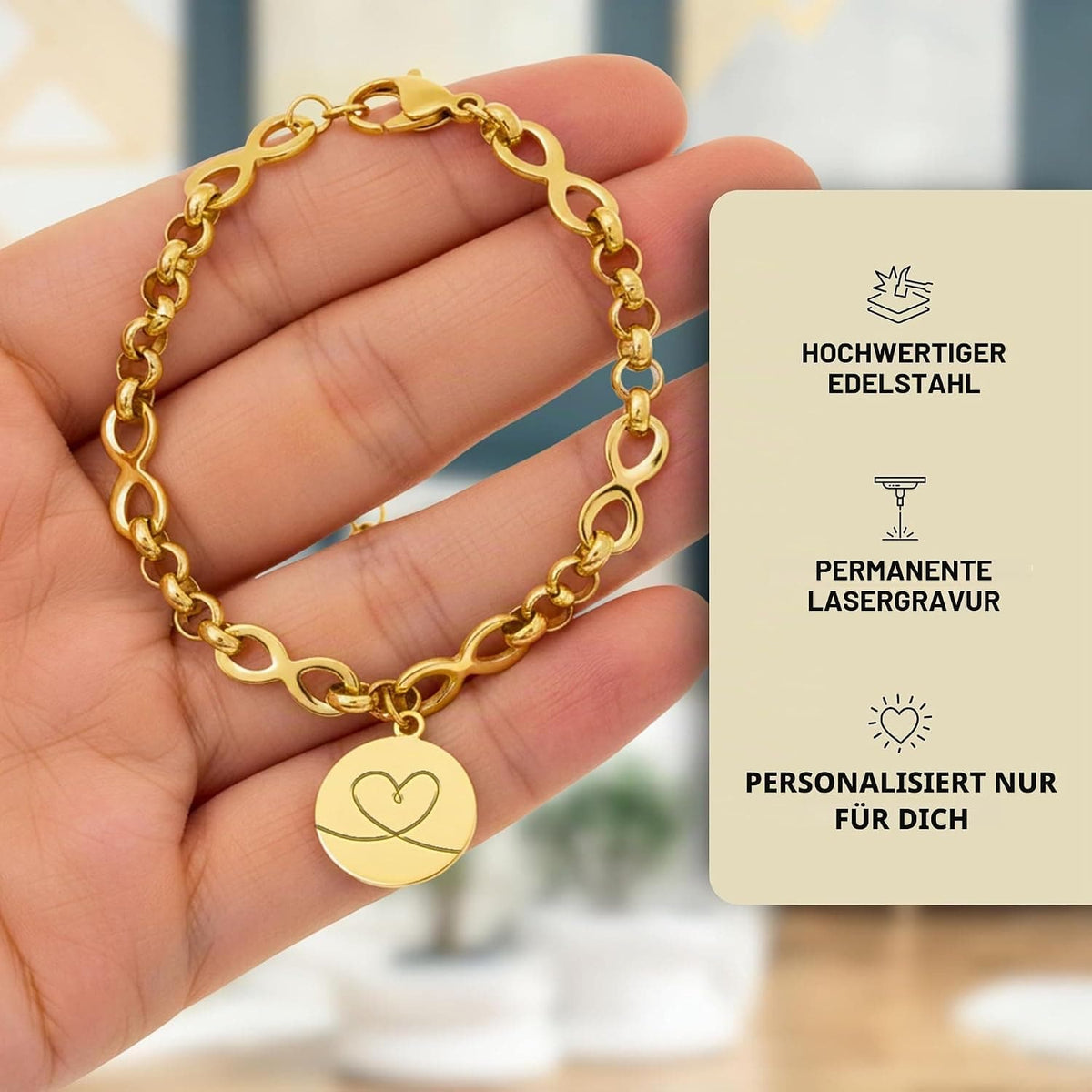 Kabelkettenarmband im Infinity-Design mit personalisiertem Gravuranhänger & Blumensymbolen – Gold 01
