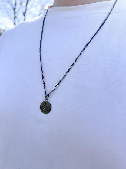 Herren Halskette Kompass Anhänger – Edelstahl Schwarz 60 cm