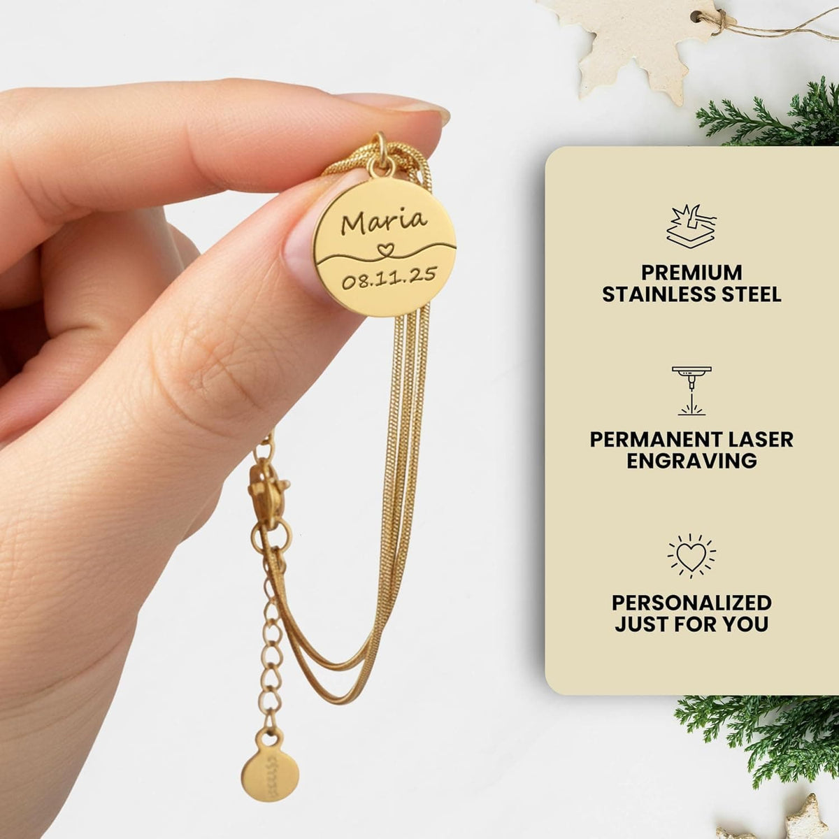 Dreireihiges Schlangenketten-Armband mit personalisierter Gravur für Initialen, Namen & Symbole – Gold