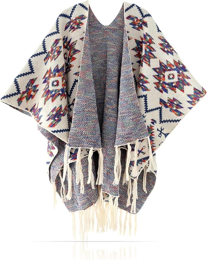 Boho Poncho Damen – Weiß Fransen Cape im Ethno Stil