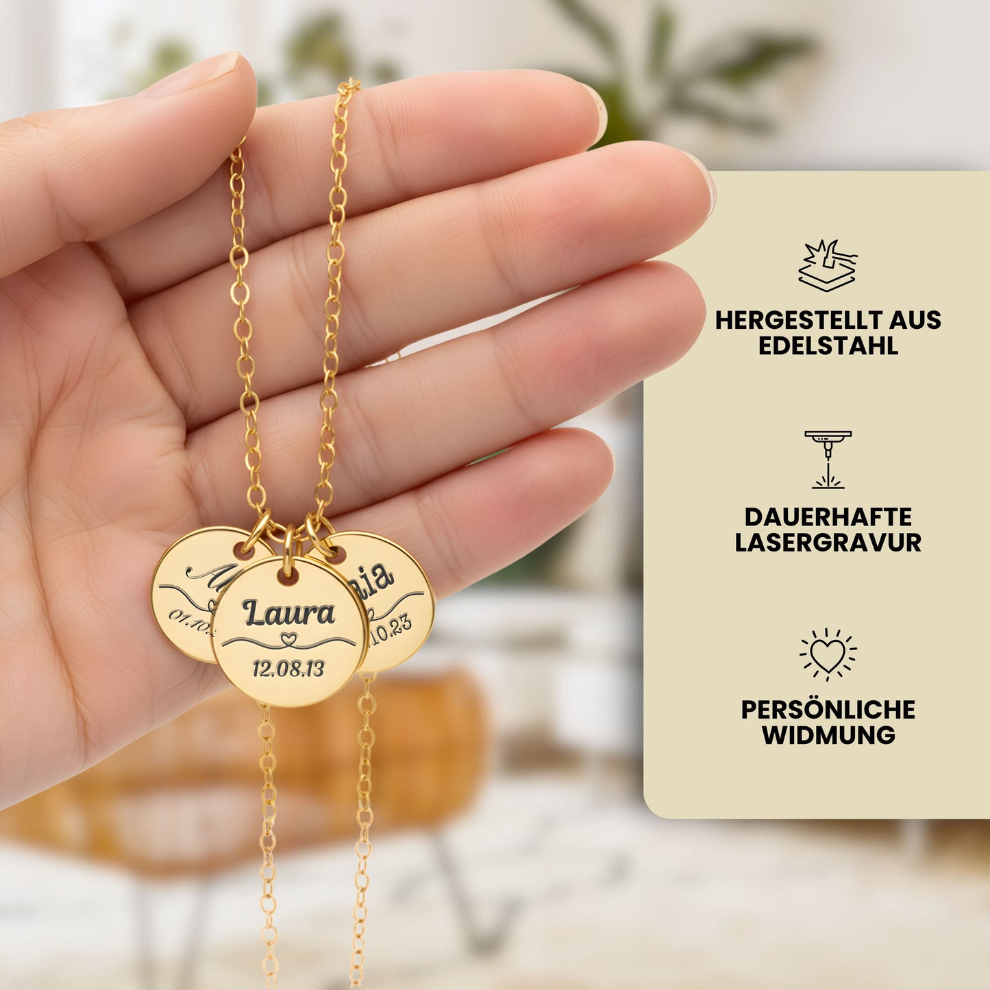 Personalisierte Kette in Gold, Silber & Rosé – Wunschgravur mit Name, Text & Symbol (40+5 cm)