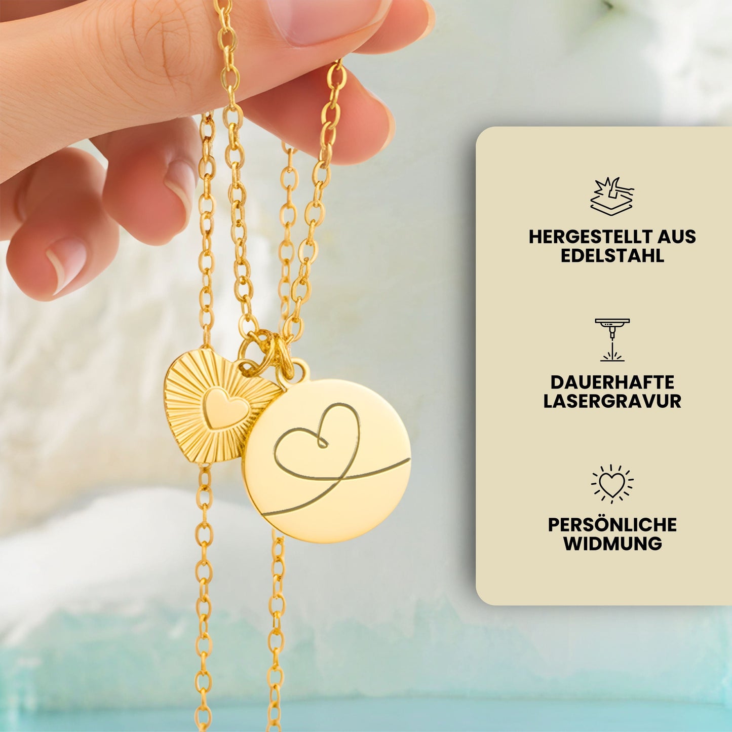 Personalisierte goldene Herz-Halskette – Individuelle Gravur mit Name, Text & Symbol (40+5 cm)