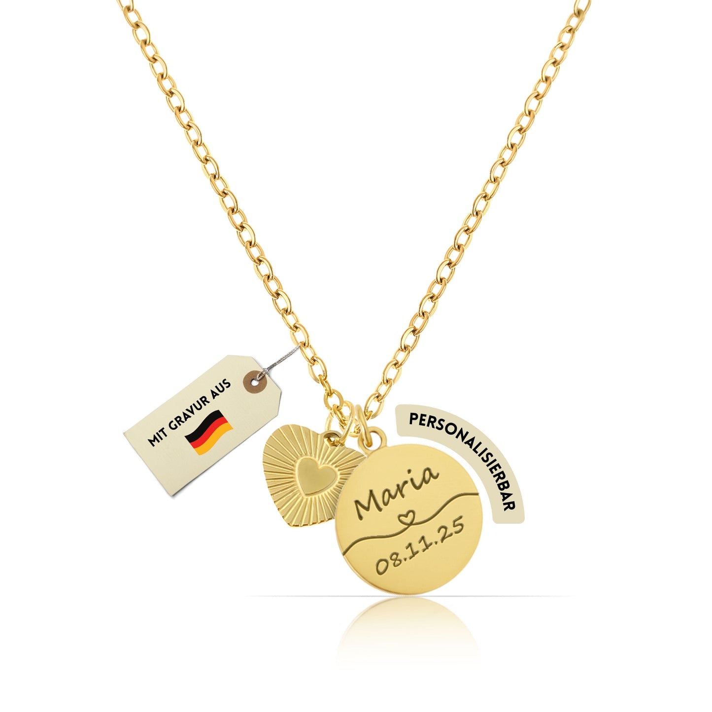 Personalisierte goldene Herz-Halskette – Individuelle Gravur mit Name, Text & Symbol (40+5 cm)