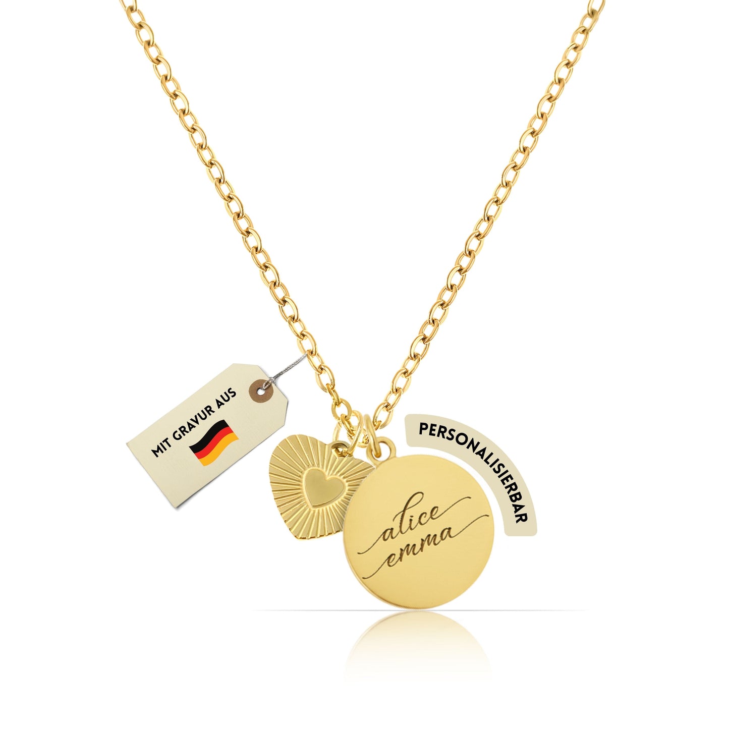 Personalisierte goldene Herz-Halskette – Individuelle Gravur mit Name, Text & Symbol (40+5 cm)