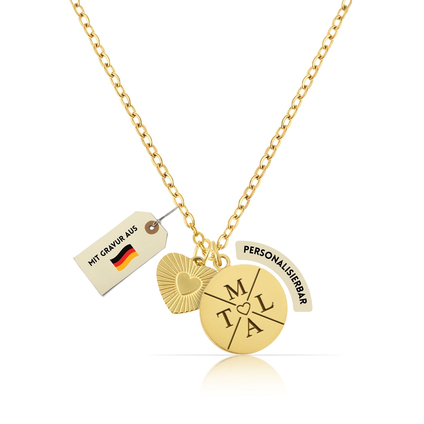 Personalisierte goldene Herz-Halskette – Individuelle Gravur mit Name, Text & Symbol (40+5 cm)