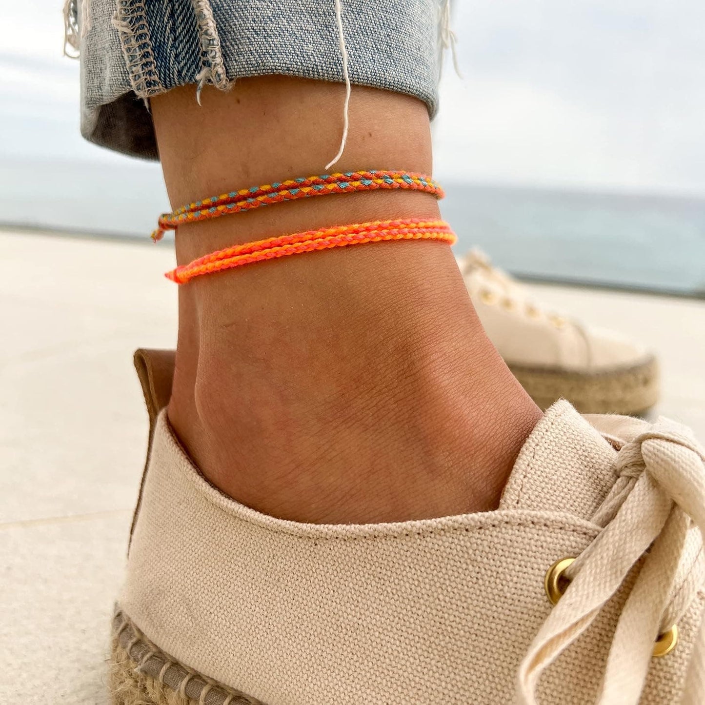 2er Set Boho Hippie Fußbänder - Surfer Fußkettchen Set aus Baumwolle