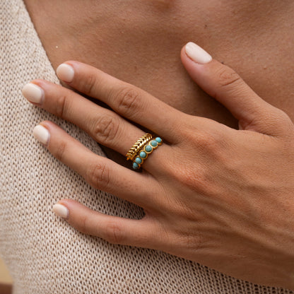 Goldring mit Türkis & Blatt – Verstellbar & Boho Stil