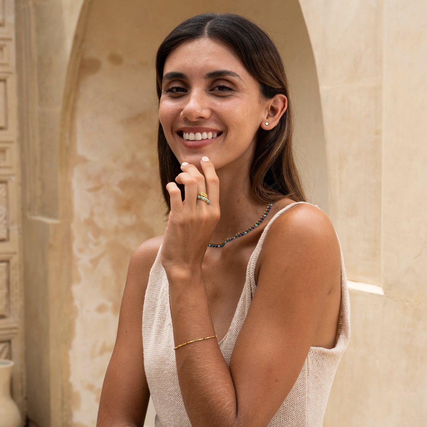 Goldring mit Türkis & Blatt – Verstellbar & Boho Stil