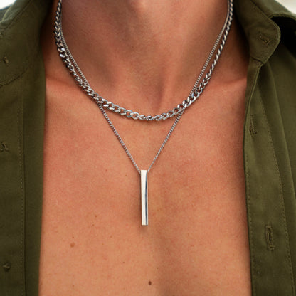 Silberne Layer Kette für Männer – Edelstahl Doppelreiher mit Stabanhänger