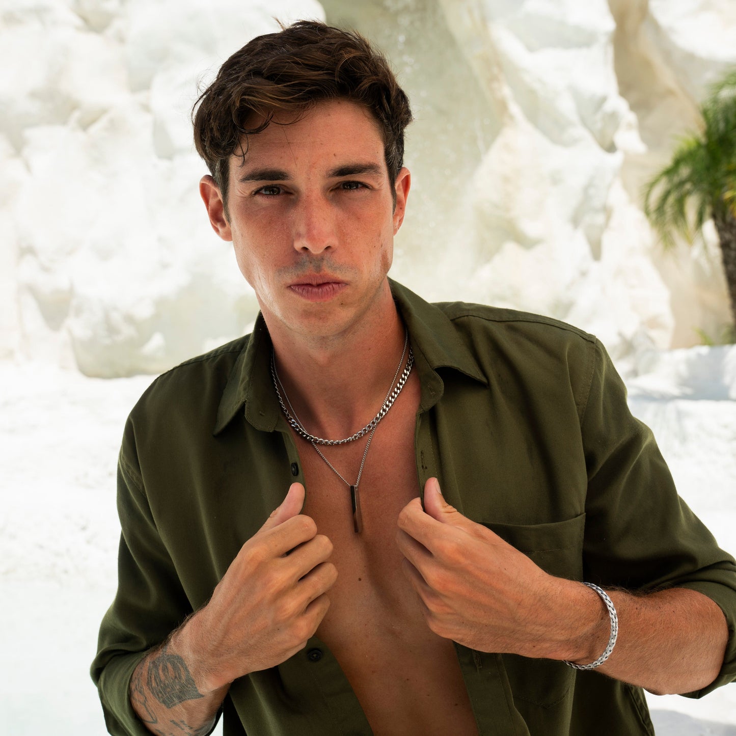 Silberne Layer Kette für Männer – Edelstahl Doppelreiher mit Stabanhänger