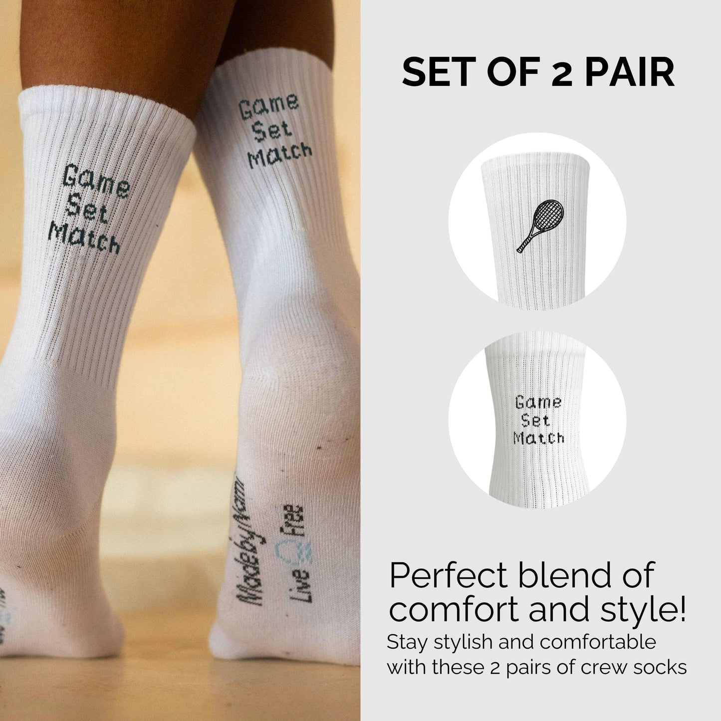 2 Paar Weiße Tennissocken mit Motiv