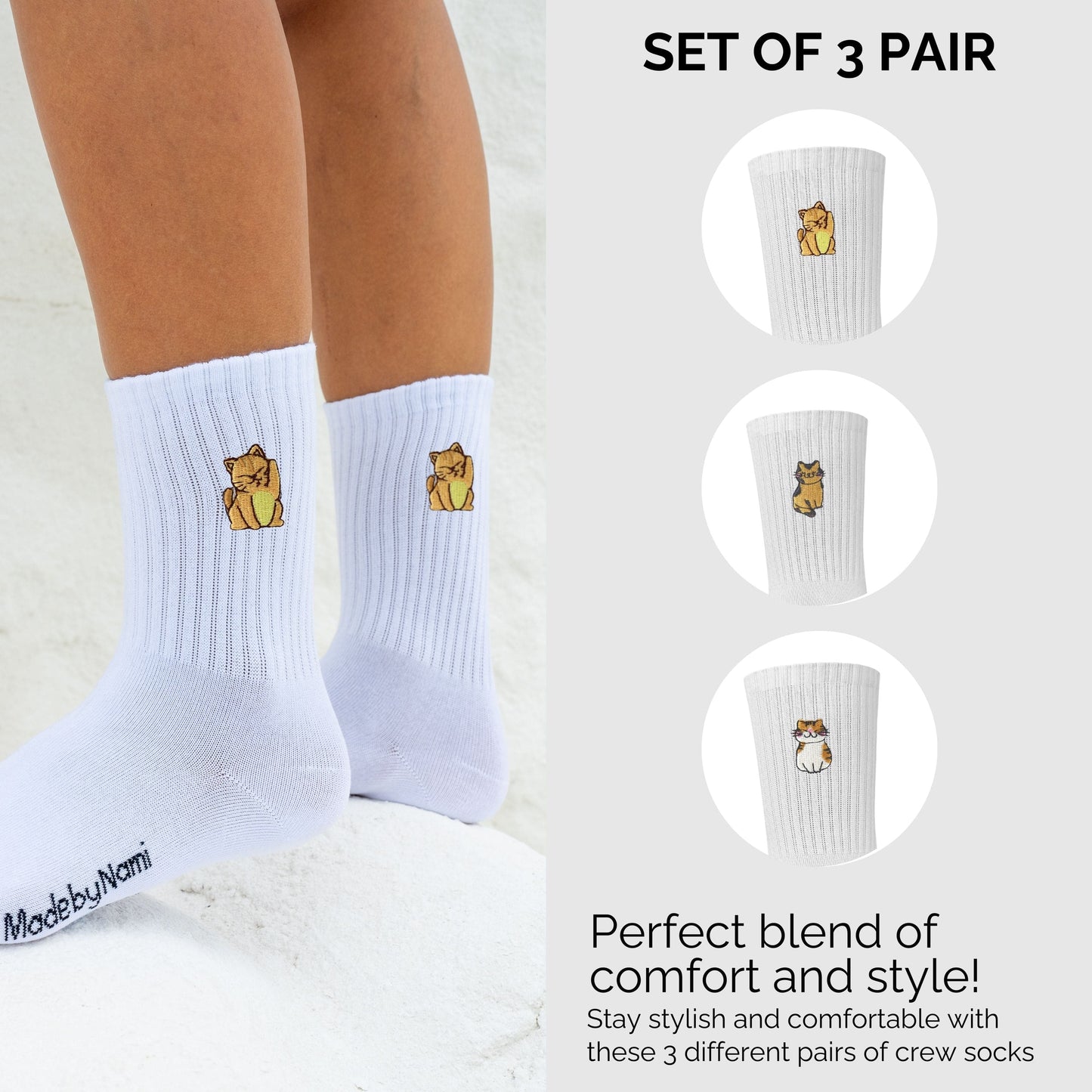 Lustige Tennissocken 3er Set mit Katzenmotiv – Unisex