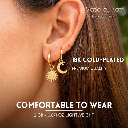 Goldene Creolen mit Sonne & Mond Anhänger