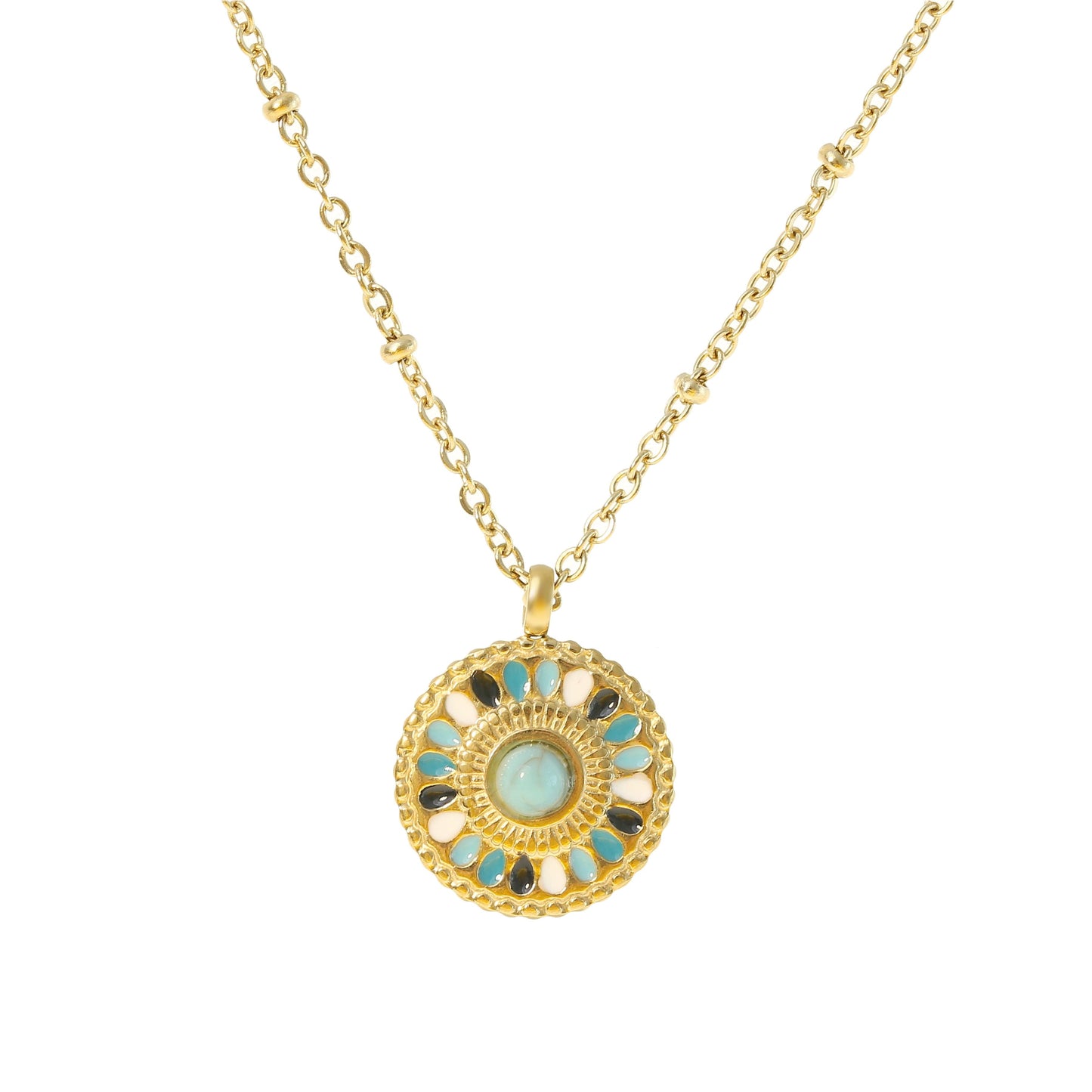 Goldene Mandala Halskette mit Türkisstein – Boho Schmuck