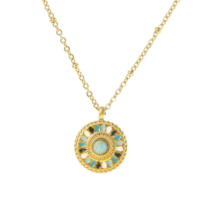 Goldene Mandala Halskette mit Türkisstein – Boho Schmuck