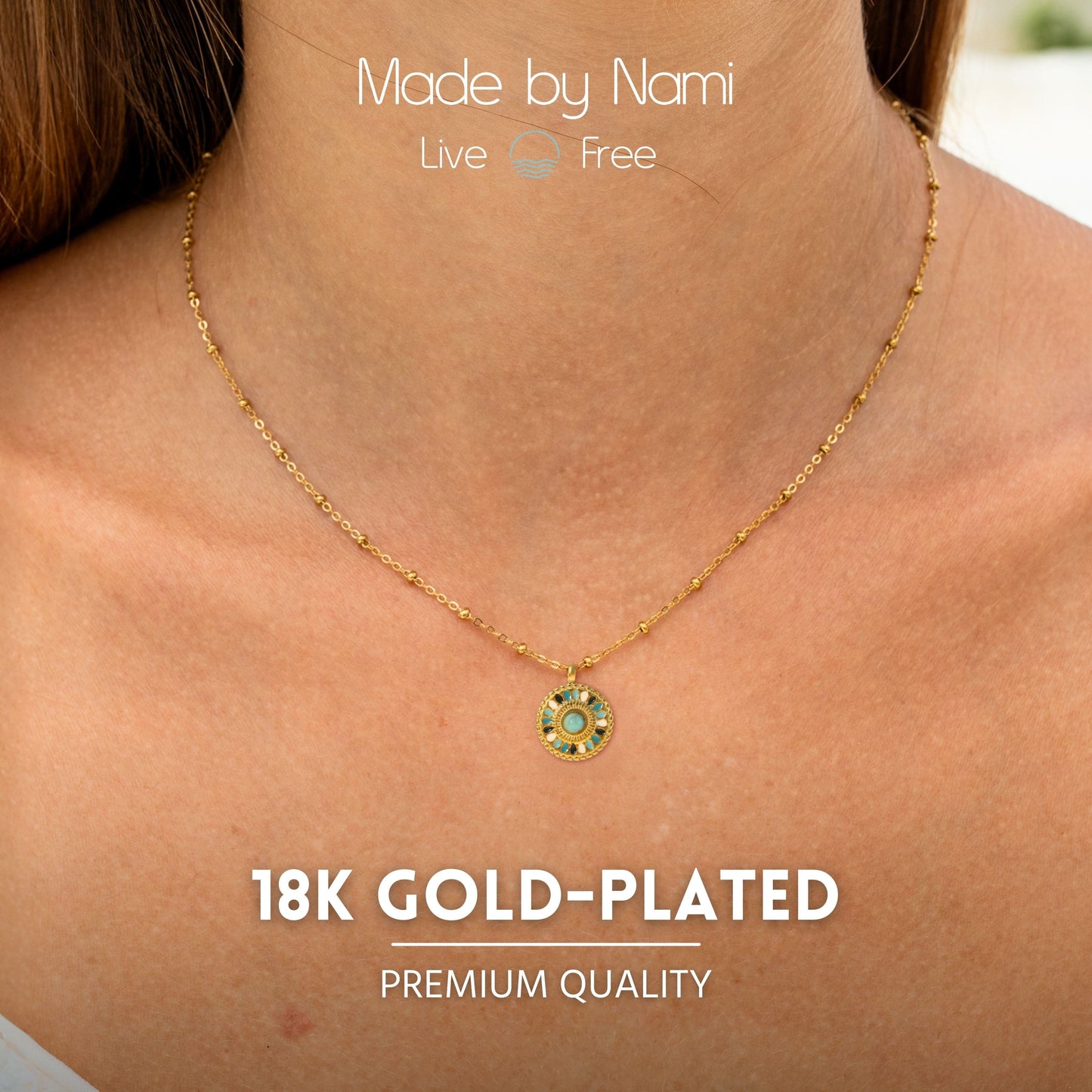 Goldene Mandala Halskette mit Türkisstein – Boho Schmuck