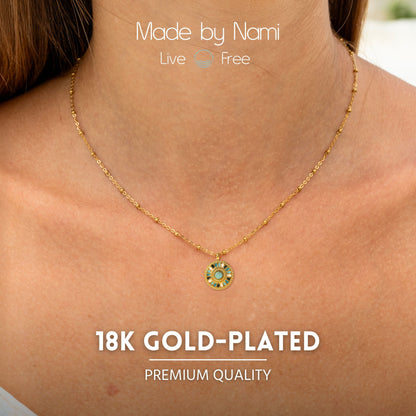 Goldene Mandala Halskette mit Türkisstein – Boho Schmuck