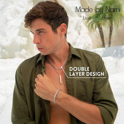 Silberne Layer Kette für Männer – Edelstahl Doppelreiher mit Stabanhänger