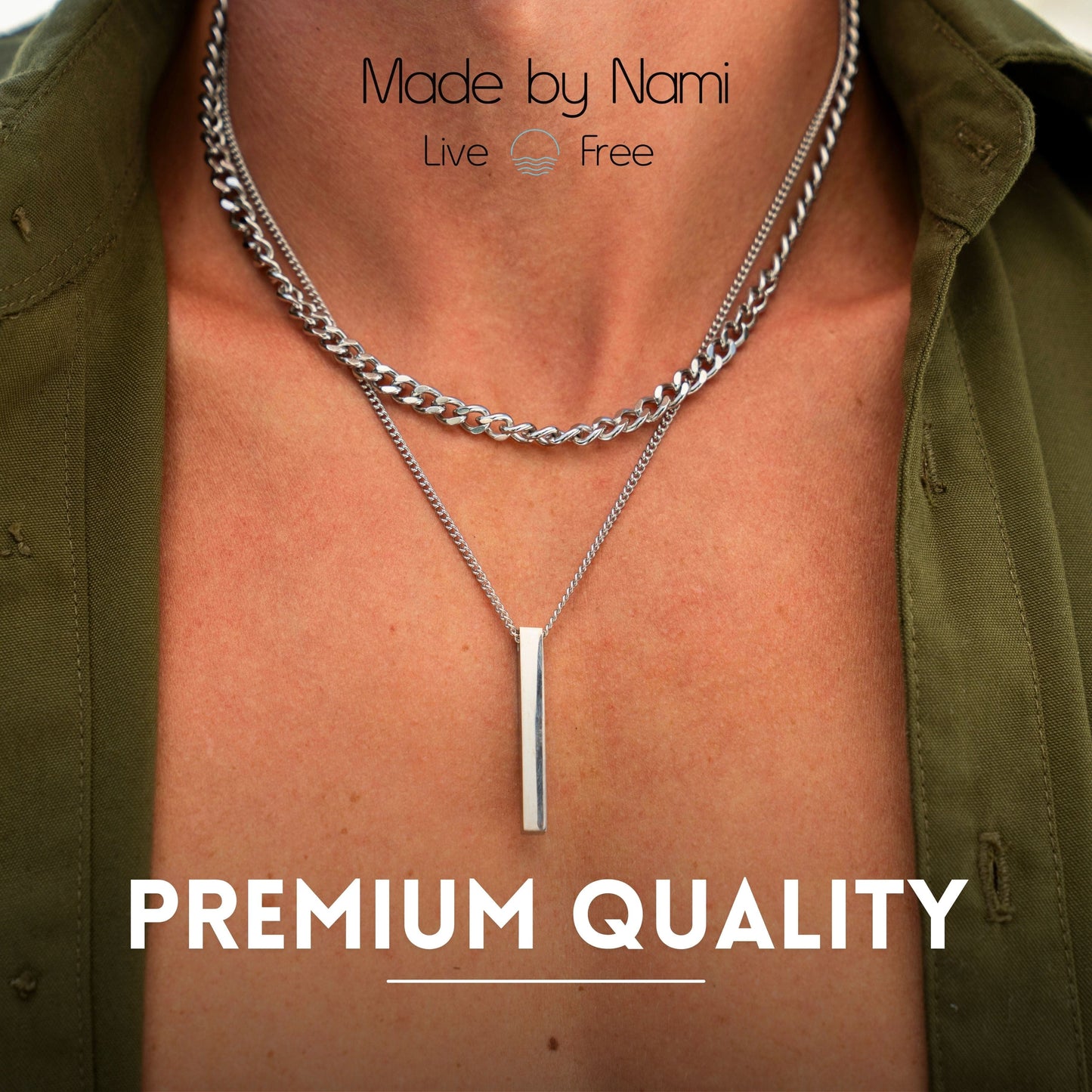 Silberne Layer Kette für Männer – Edelstahl Doppelreiher mit Stabanhänger