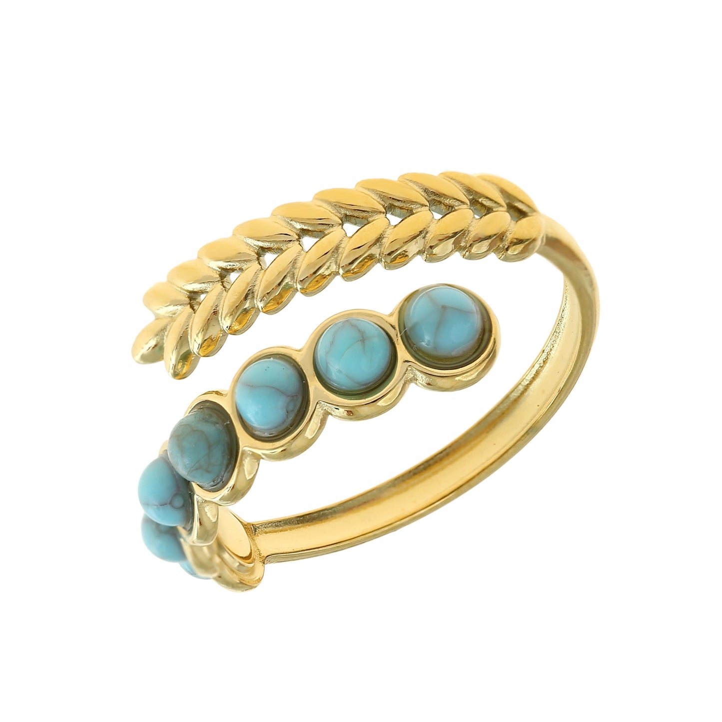 Goldring mit Türkis & Blatt – Verstellbar & Boho Stil