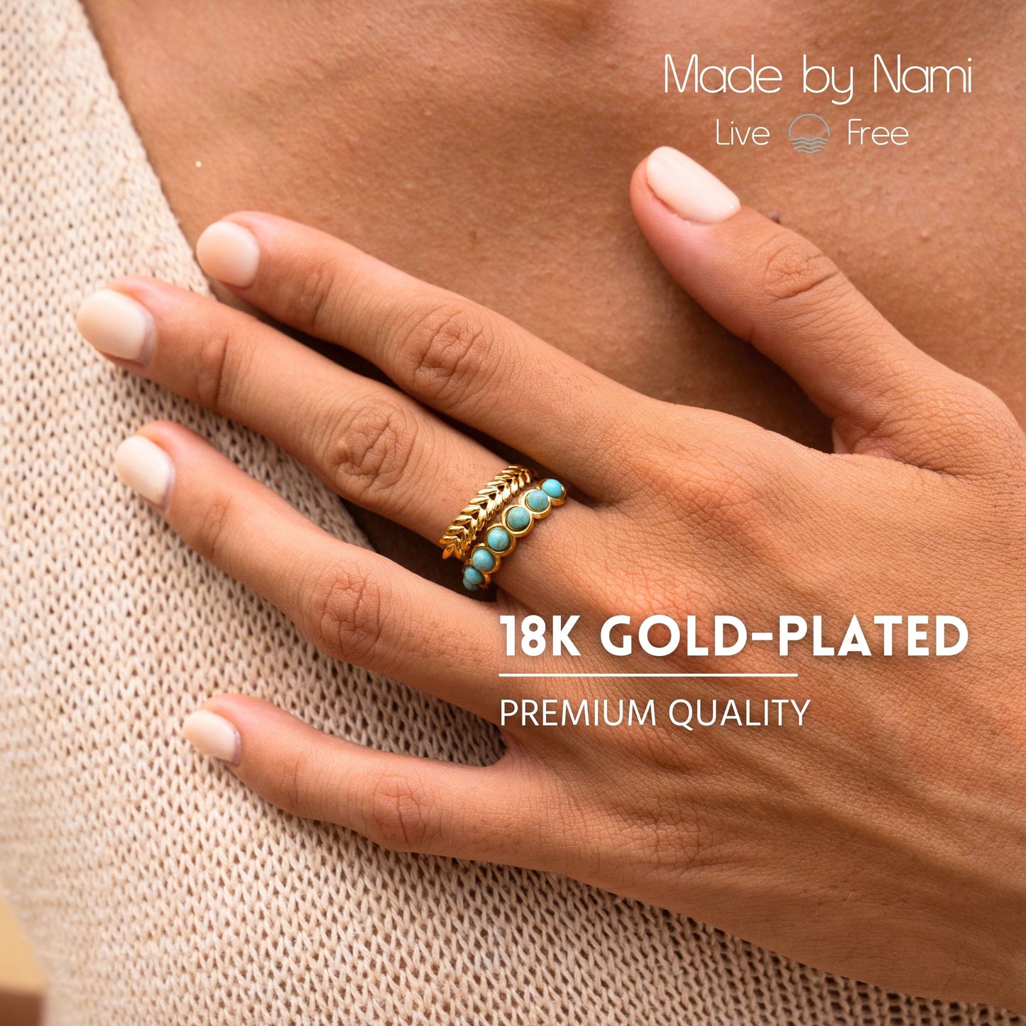 Goldring mit Türkis & Blatt – Verstellbar & Boho Stil