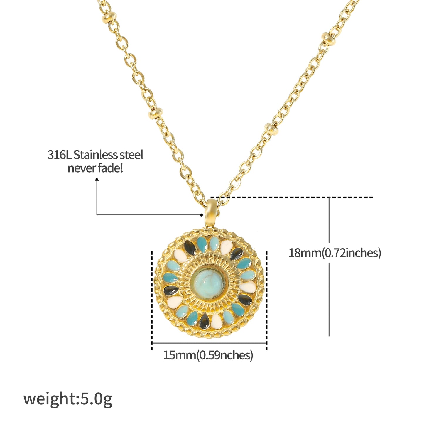 Goldene Mandala Halskette mit Türkisstein – Boho Schmuck
