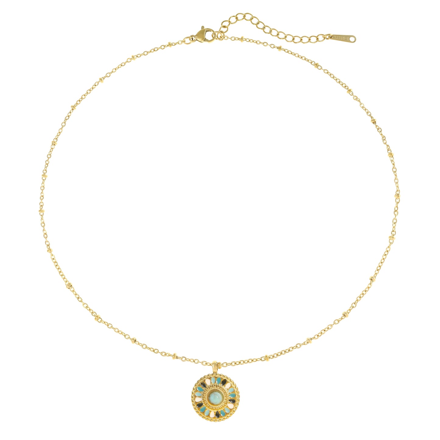 Goldene Mandala Halskette mit Türkisstein – Boho Schmuck