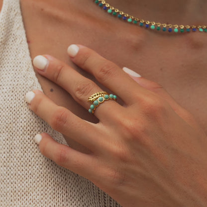 Goldring mit Türkis & Blatt – Verstellbar & Boho Stil