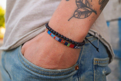 Chakra Perlen Armband 2er Set - Black Beads + Blue Ethno Flat - Made by Nami